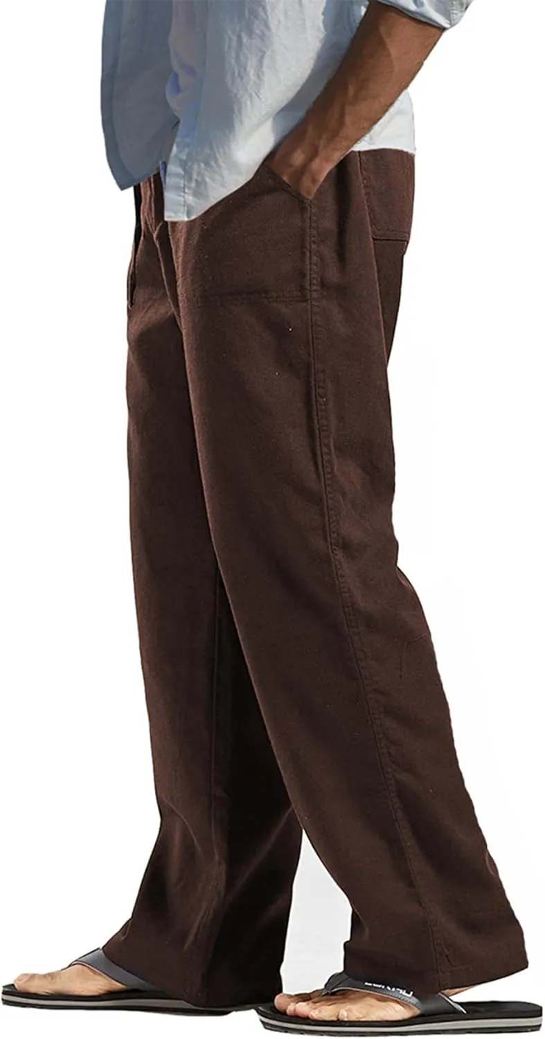 perdontoo Mens Casual Cotton Linen Pants Elastic Waist Drawstring Straight Summer Beach Pants