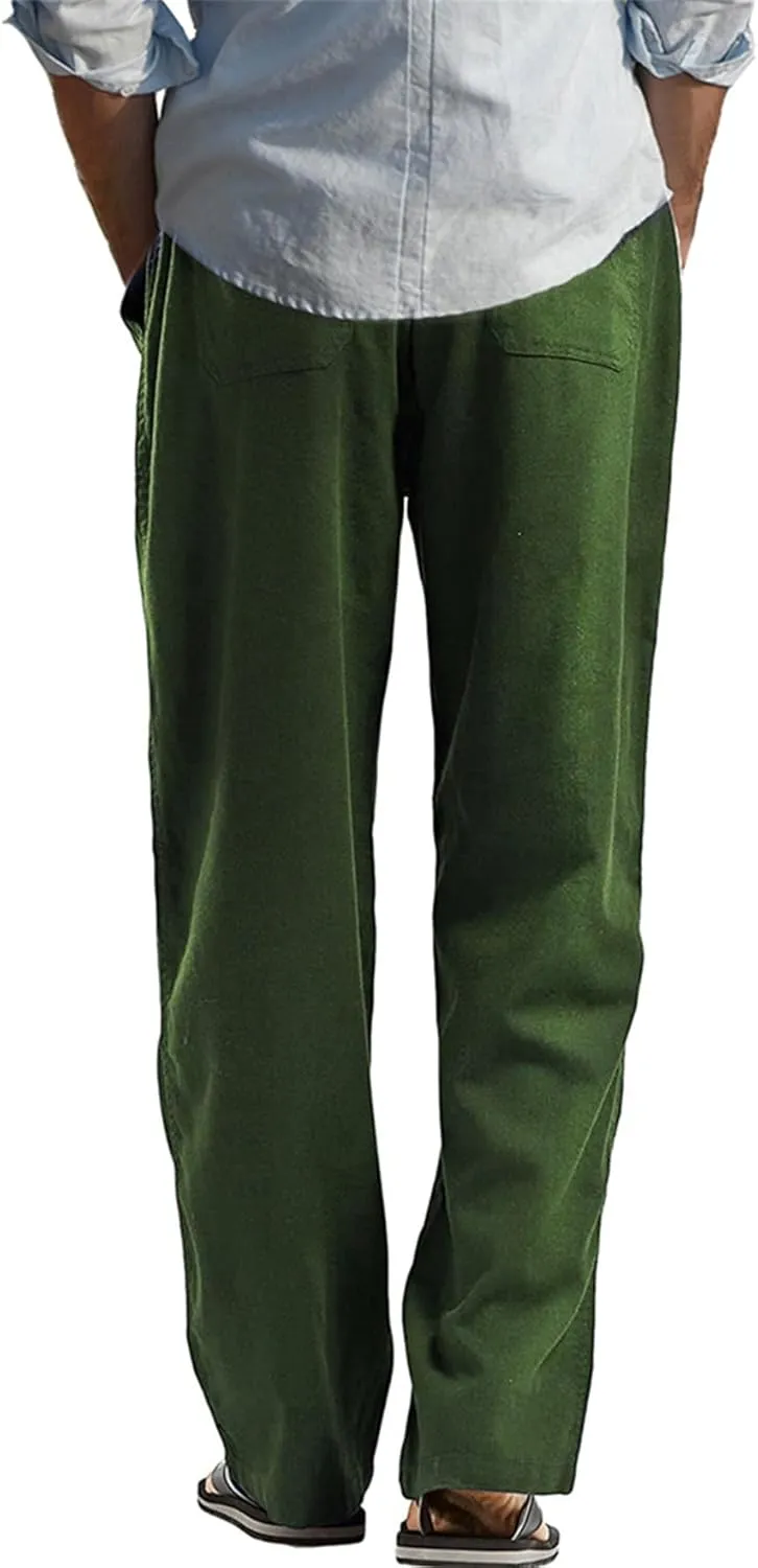 perdontoo Mens Casual Cotton Linen Pants Elastic Waist Drawstring Straight Summer Beach Pants