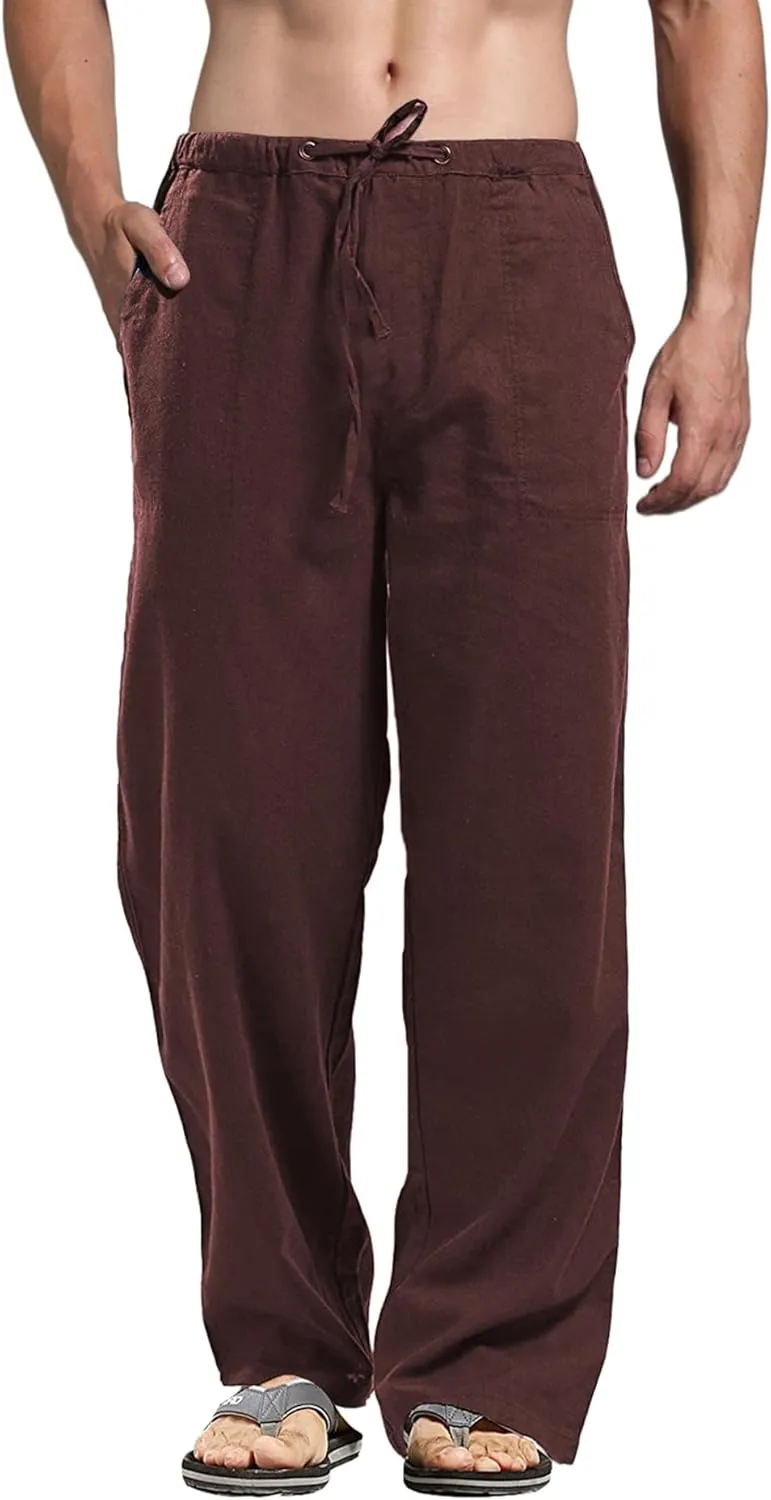 perdontoo Mens Casual Cotton Linen Pants Elastic Waist Drawstring Straight Summer Beach Pants