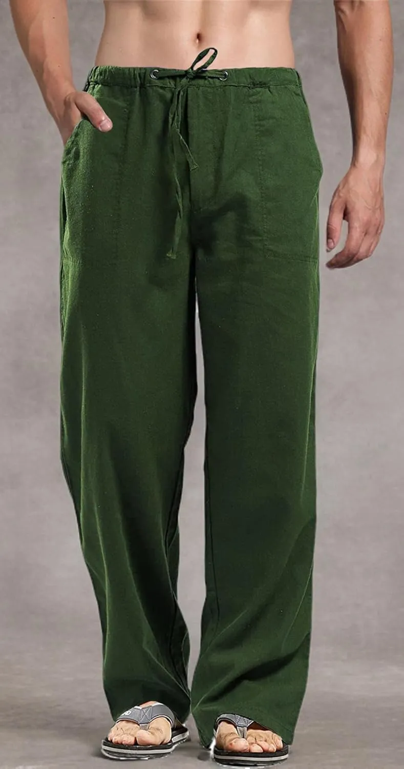 perdontoo Mens Casual Cotton Linen Pants Elastic Waist Drawstring Straight Summer Beach Pants