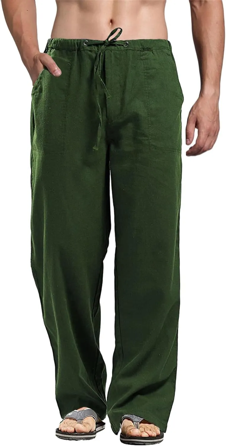 perdontoo Mens Casual Cotton Linen Pants Elastic Waist Drawstring Straight Summer Beach Pants