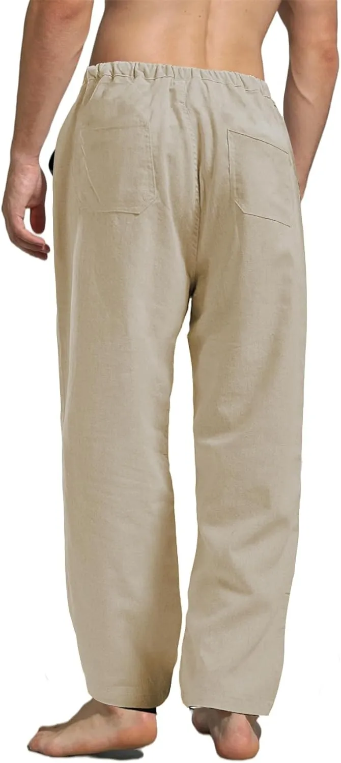 perdontoo Mens Casual Cotton Linen Pants Elastic Waist Drawstring Straight Summer Beach Pants