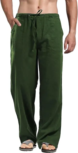 perdontoo Mens Casual Cotton Linen Pants Elastic Waist Drawstring Straight Summer Beach Pants
