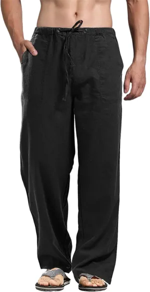 perdontoo Mens Casual Cotton Linen Pants Elastic Waist Drawstring Straight Summer Beach Pants