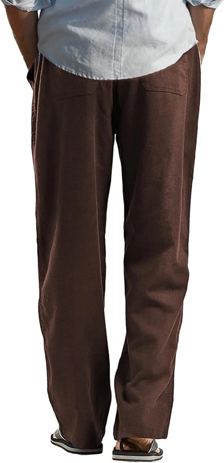 perdontoo Mens Casual Cotton Linen Pants Elastic Waist Drawstring Straight Summer Beach Pants