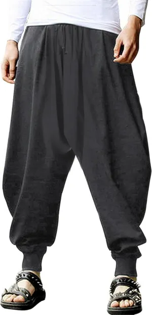perdontoo Mens Harem Pants Casual Drawstring Aladdin Hippie Cotton Drop Crotch Trouser