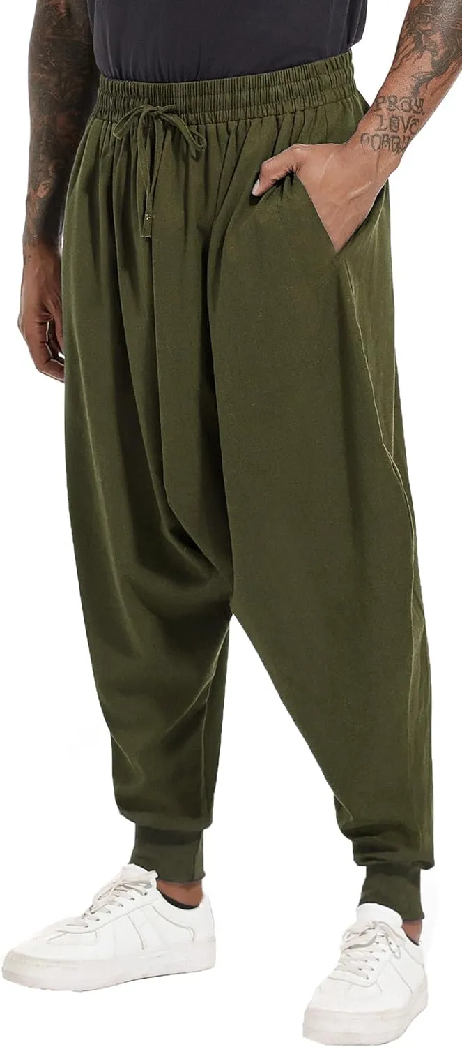 perdontoo Mens Harem Pants Casual Drawstring Aladdin Hippie Cotton Drop Crotch Trouser