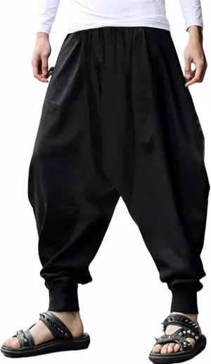 perdontoo Mens Harem Pants Casual Drawstring Aladdin Hippie Cotton Drop Crotch Trouser