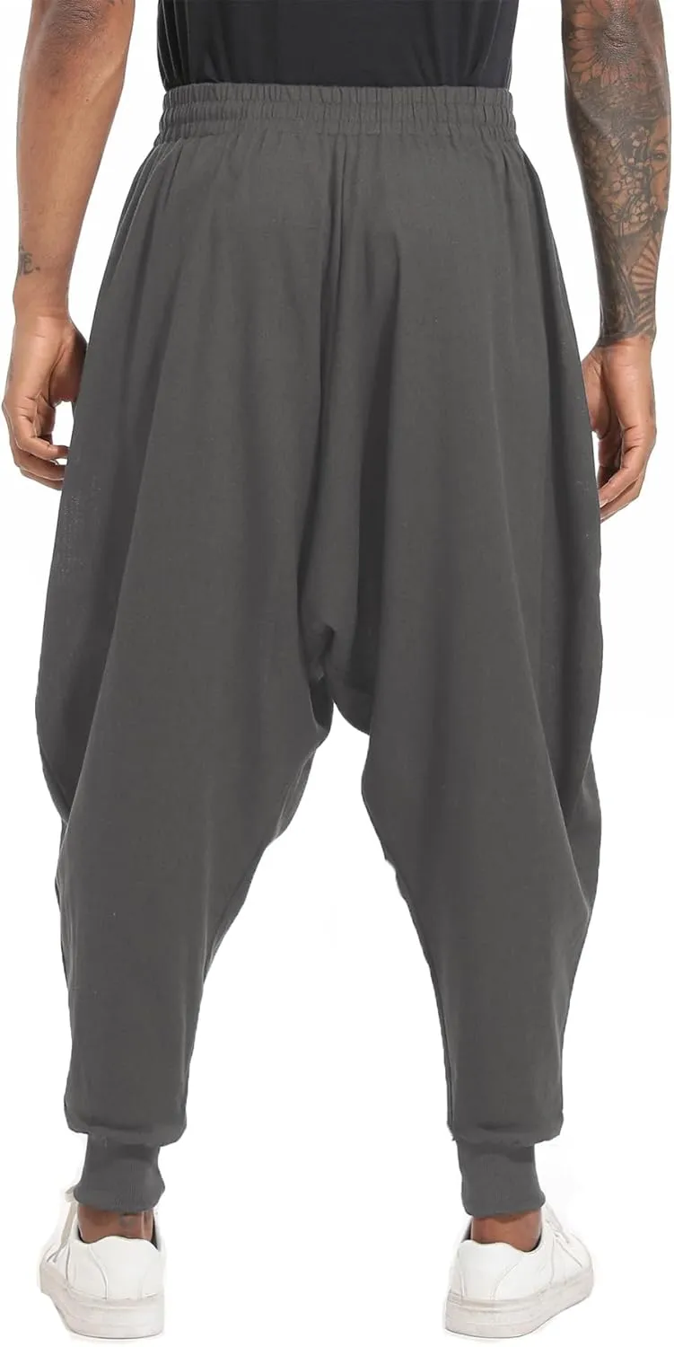 perdontoo Mens Harem Pants Casual Drawstring Aladdin Hippie Cotton Drop Crotch Trouser