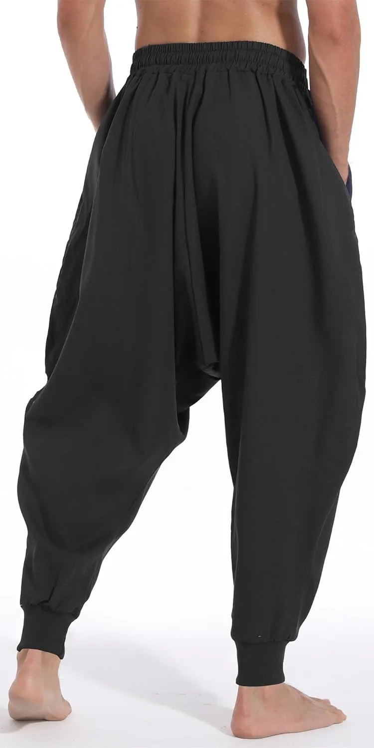perdontoo Mens Harem Pants Casual Drawstring Aladdin Hippie Cotton Drop Crotch Trouser