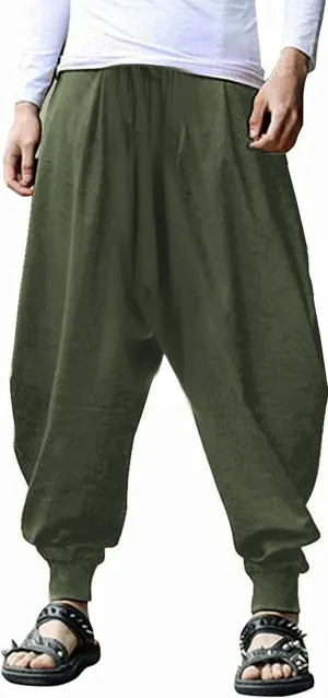 perdontoo Mens Harem Pants Casual Drawstring Aladdin Hippie Cotton Drop Crotch Trouser