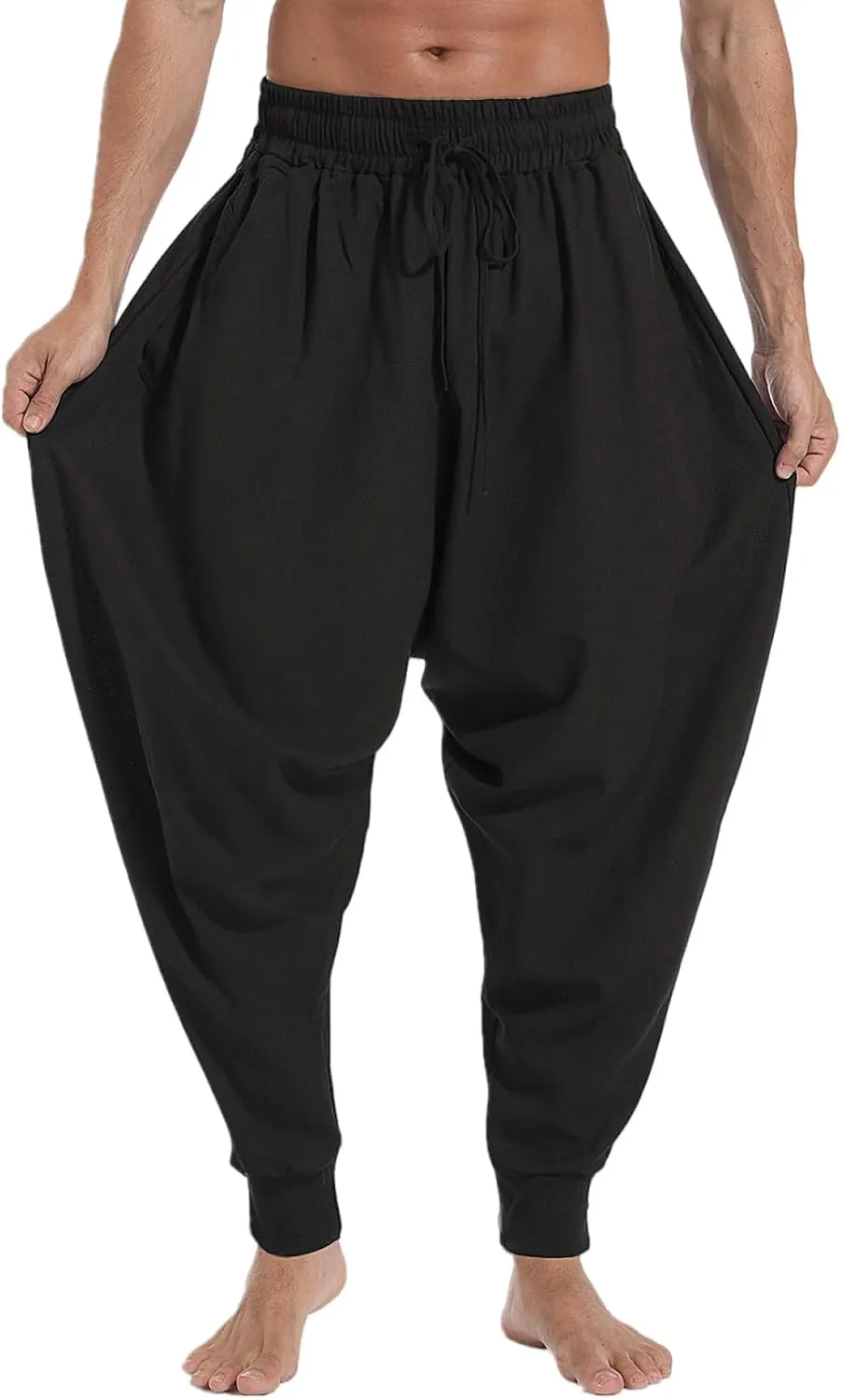 perdontoo Mens Harem Pants Casual Drawstring Aladdin Hippie Cotton Drop Crotch Trouser