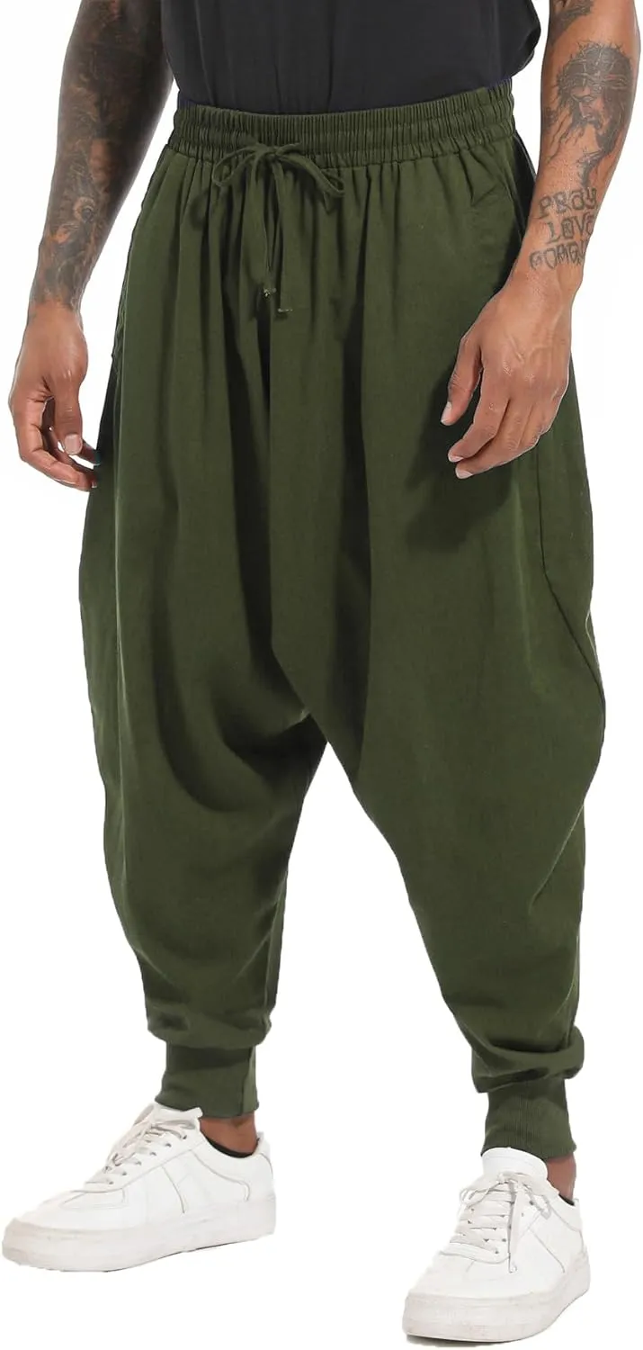 perdontoo Mens Harem Pants Casual Drawstring Aladdin Hippie Cotton Drop Crotch Trouser