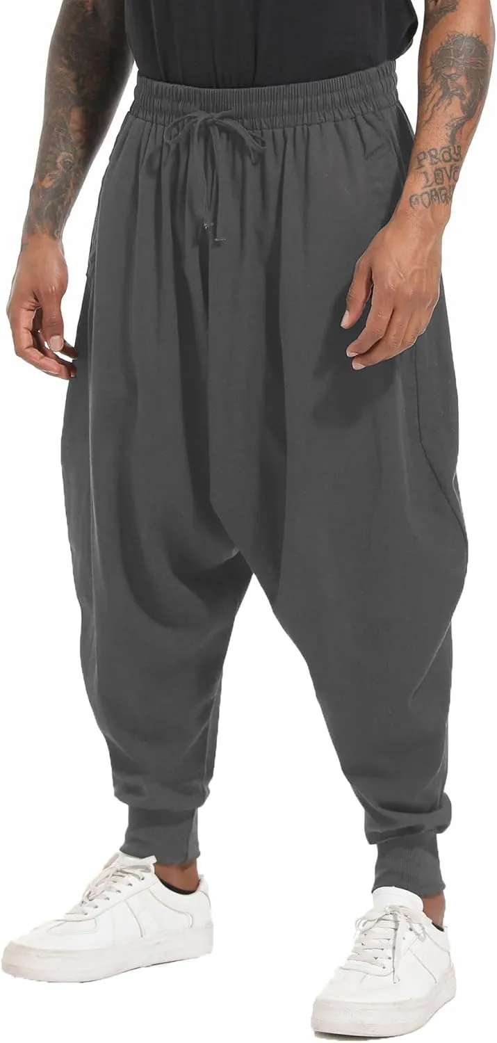 perdontoo Mens Harem Pants Casual Drawstring Aladdin Hippie Cotton Drop Crotch Trouser