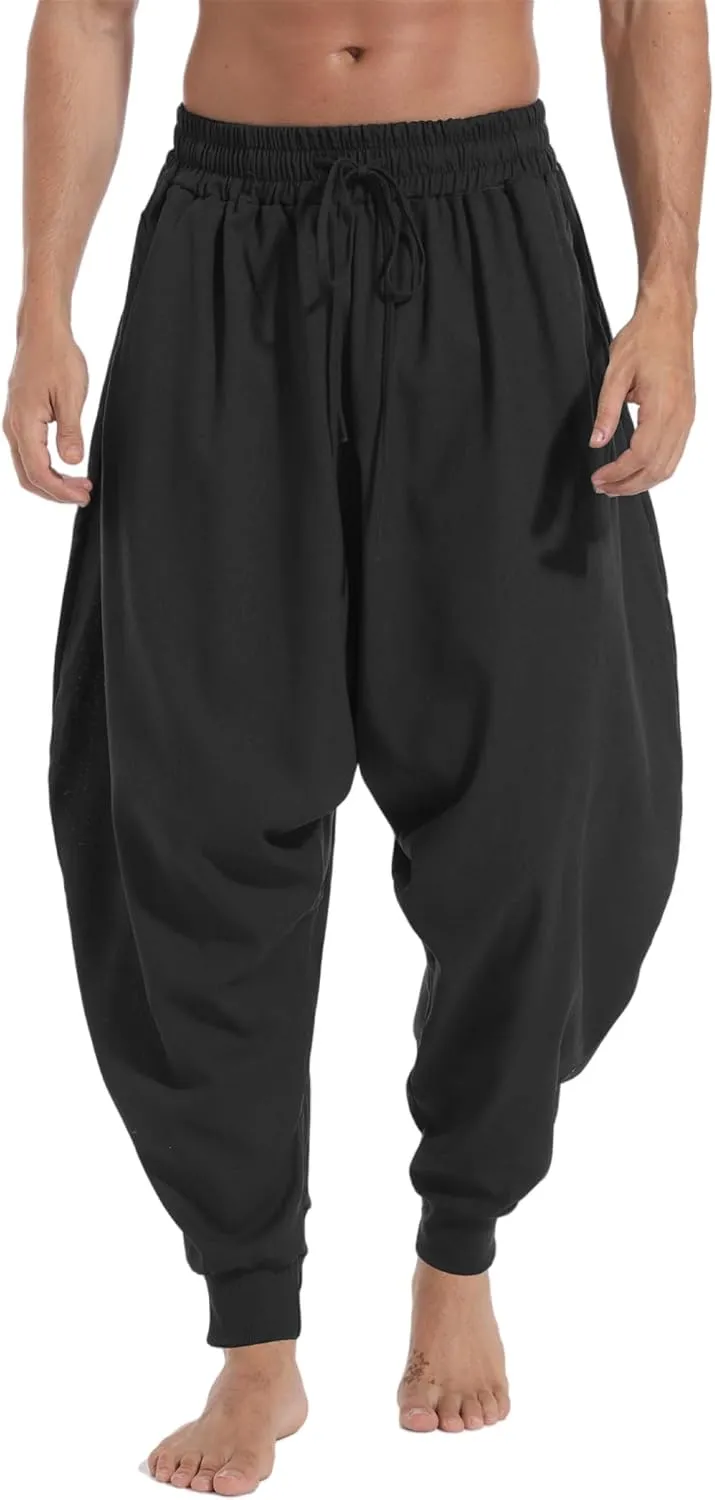 perdontoo Mens Harem Pants Casual Drawstring Aladdin Hippie Cotton Drop Crotch Trouser