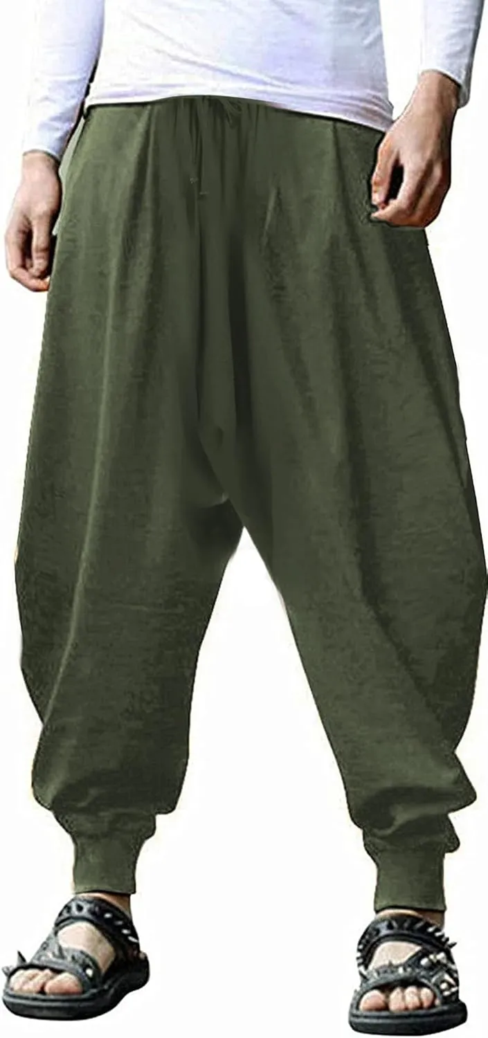 perdontoo Mens Harem Pants Casual Drawstring Aladdin Hippie Cotton Drop Crotch Trouser