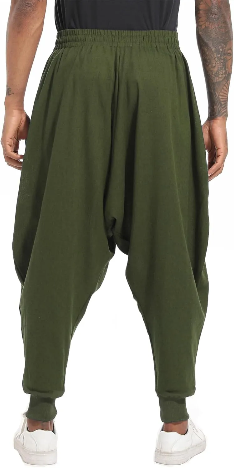 perdontoo Mens Harem Pants Casual Drawstring Aladdin Hippie Cotton Drop Crotch Trouser