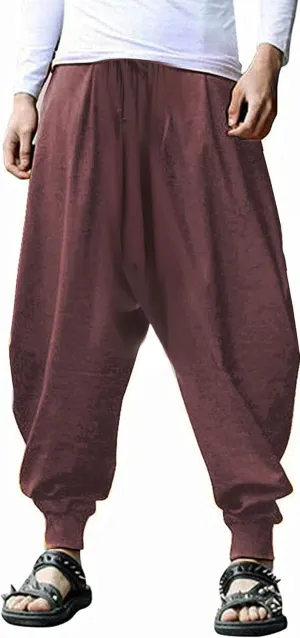 perdontoo Mens Harem Pants Casual Drawstring Aladdin Hippie Cotton Drop Crotch Trouser