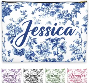 Personalized Makeup Bag with Name  Custom Chinoiserie Floral Pouch in 6 Colors  Flat or Gusset  Pencil Case, Travel Toiletry, Bridesmaid Proposal, Survival or Bachelorette Bag  Blue, Slim Base