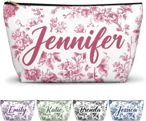 Personalized Makeup Bag with Name  Custom Chinoiserie Floral Pouch in 6 Colors  Flat or Gusset  Pencil Case, Travel Toiletry, Bridesmaid Proposal, Survival or Bachelorette Bag  Pink, Gusset