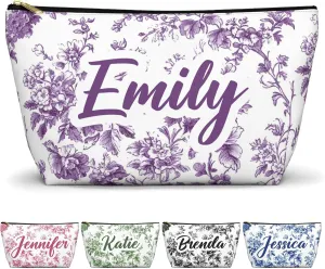 Personalized Makeup Bag with Name  Custom Chinoiserie Floral Pouch in 6 Colors  Flat or Gusset  Pencil Case, Travel Toiletry, Bridesmaid Proposal, Survival or Bachelorette Bag  Purple, Gusset