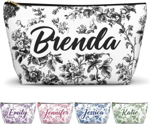 Personalized Makeup Bag with Name  Custom Chinoiserie Floral Pouch in 6 Colors  Flat or Gusset  Travel Toiletry, Bridesmaid Proposal, Survival or Bachelorette Bag  Black, Gusset