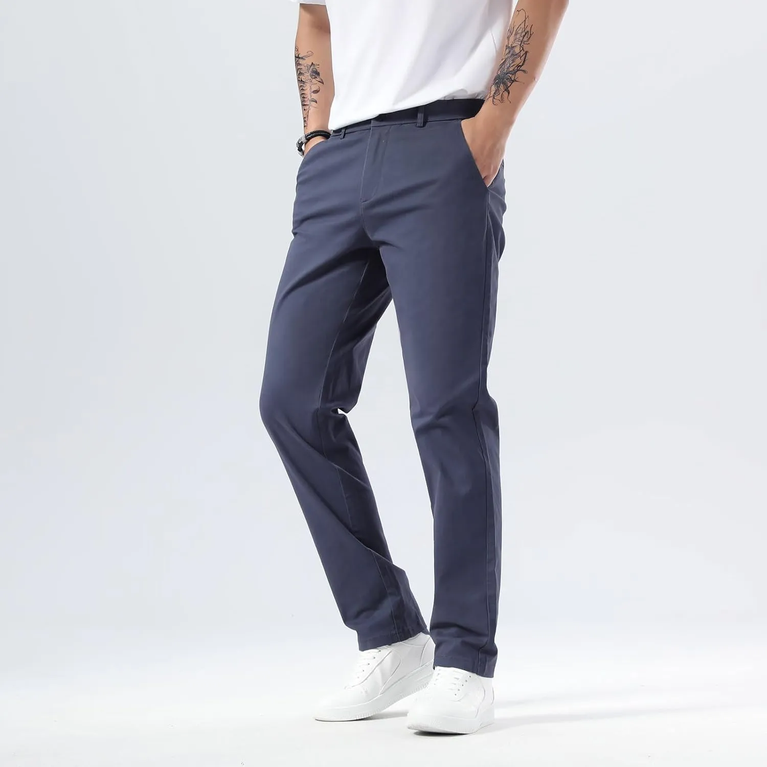 Plaid&Plain Mens Slim Fit Khaki Pants Mens Tapered Chino Pants