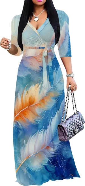 Plus Size Fall Formal Maxi Wrap Dresses for Elegant Women Casual Sexy V-Neck 3/4 Sleeve Printed Flowy Boho Tie Dye Beach Cocktail Party Club Summer Sundress with Belt Travel Vacation Outfits