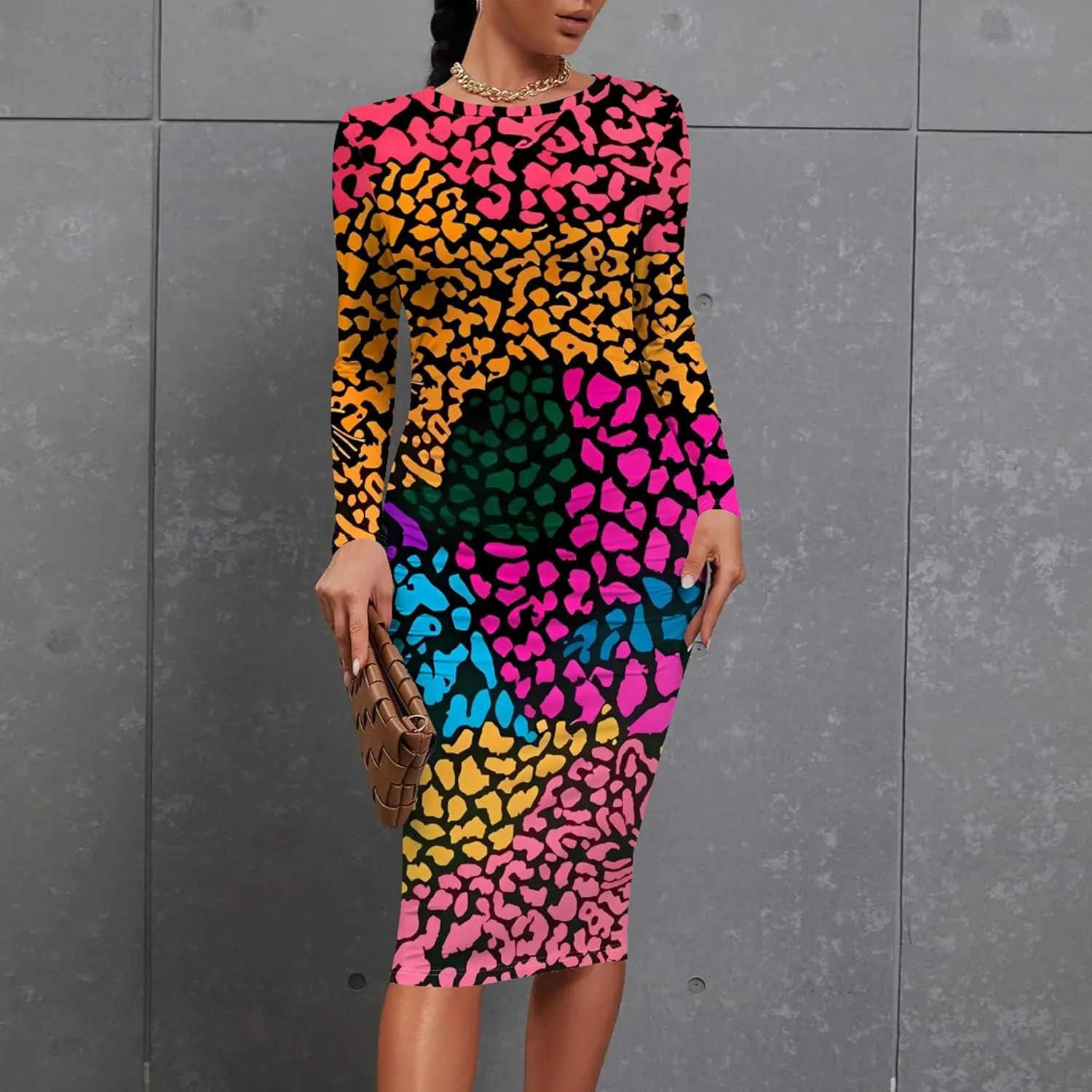Plus Size Fall Midi Bodycon Dress for Curvy Women Round Neck Long Sleeve Knee Length Casual Dress Party Club Work Dress