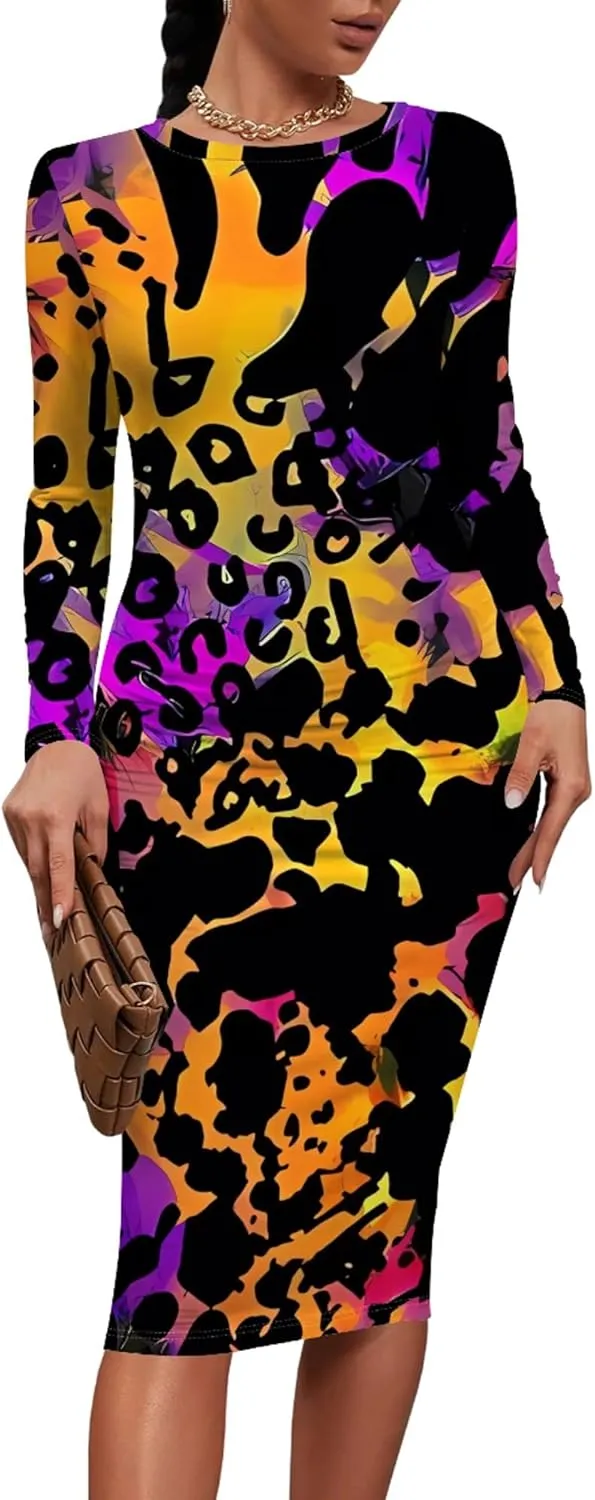 Plus Size Fall Midi Bodycon Dress for Curvy Women Round Neck Long Sleeve Knee Length Casual Dress Party Club Work Dress