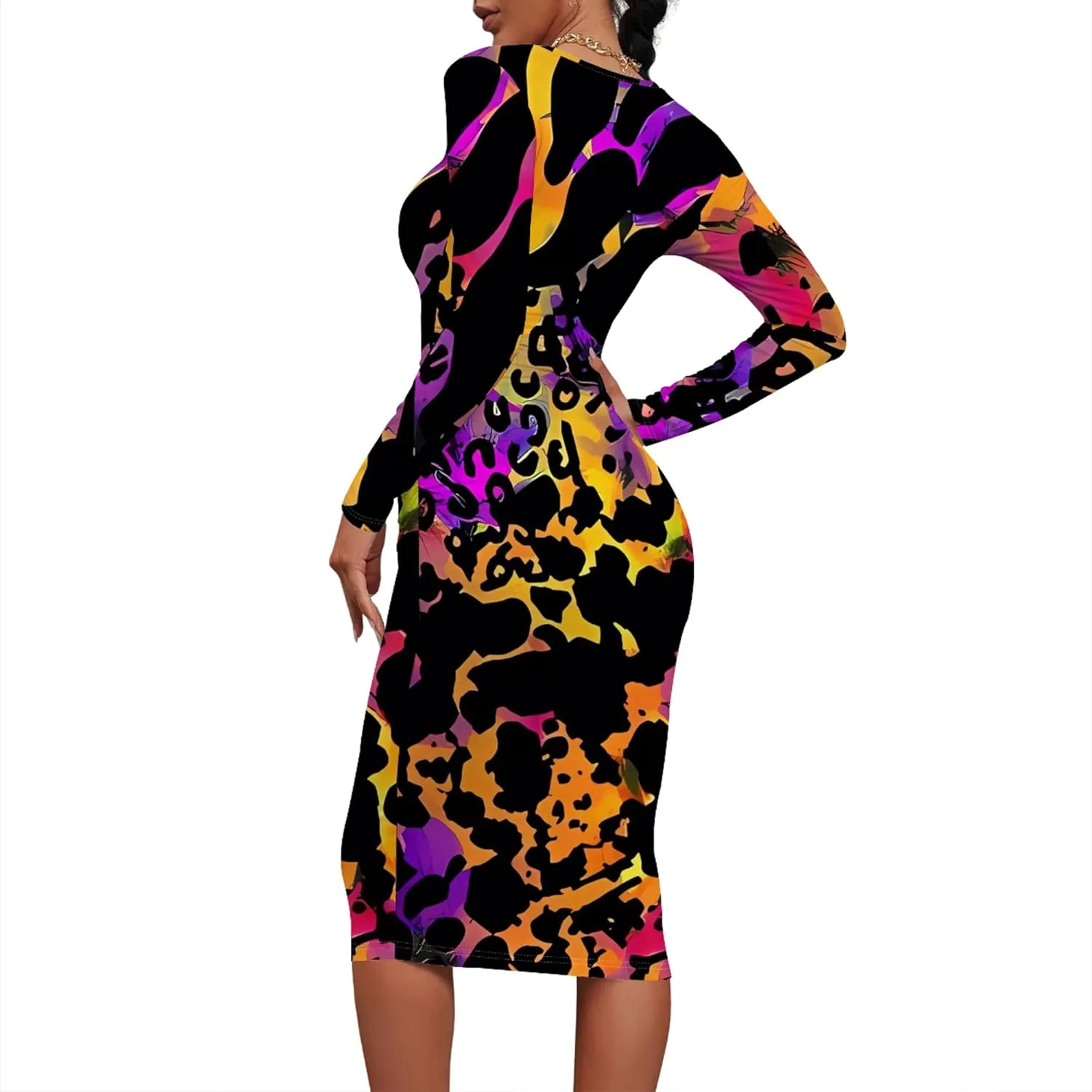 Plus Size Fall Midi Bodycon Dress for Curvy Women Round Neck Long Sleeve Knee Length Casual Dress Party Club Work Dress