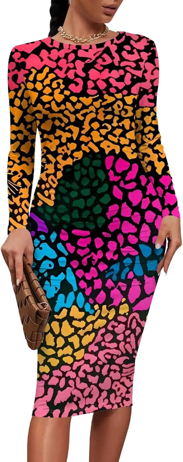 Plus Size Fall Midi Bodycon Dress for Curvy Women Round Neck Long Sleeve Knee Length Casual Dress Party Club Work Dress