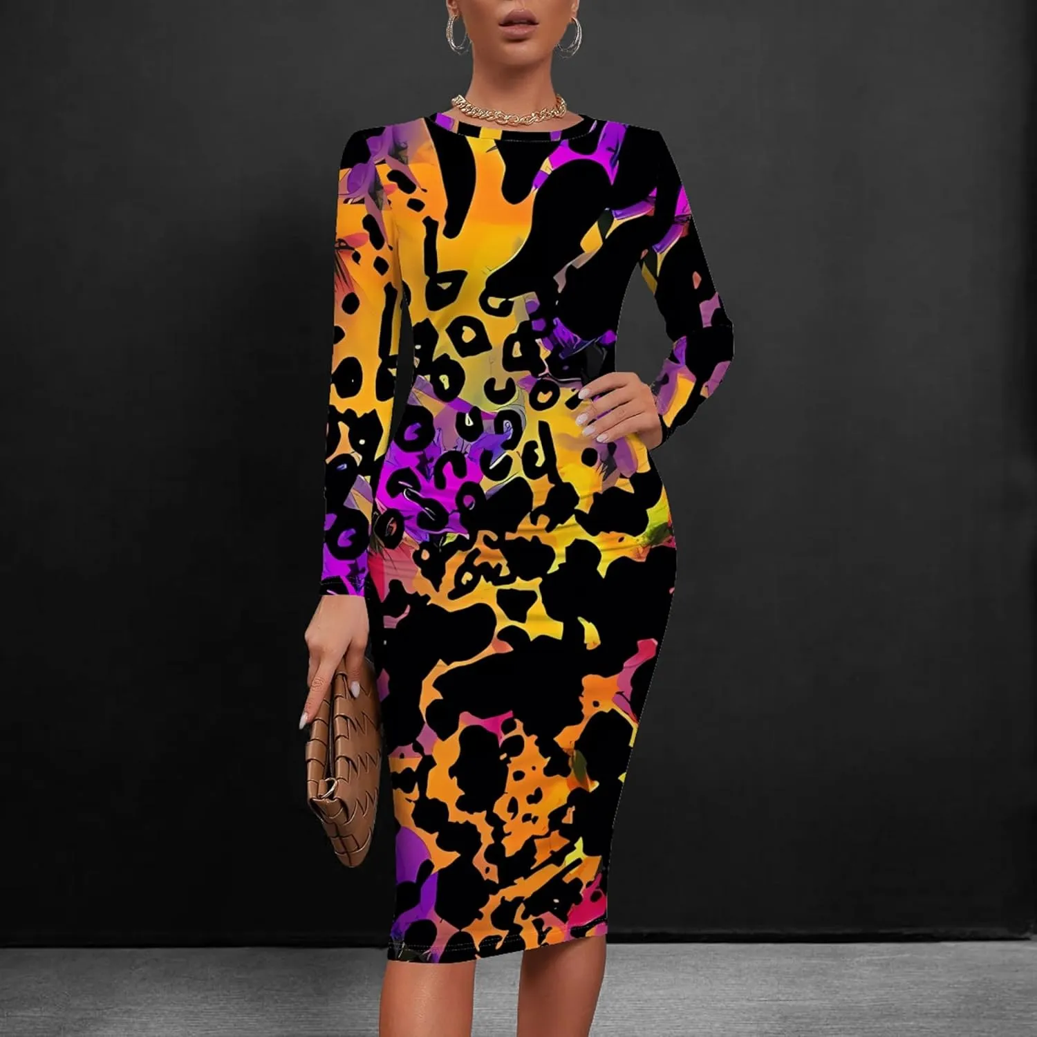 Plus Size Fall Midi Bodycon Dress for Curvy Women Round Neck Long Sleeve Knee Length Casual Dress Party Club Work Dress