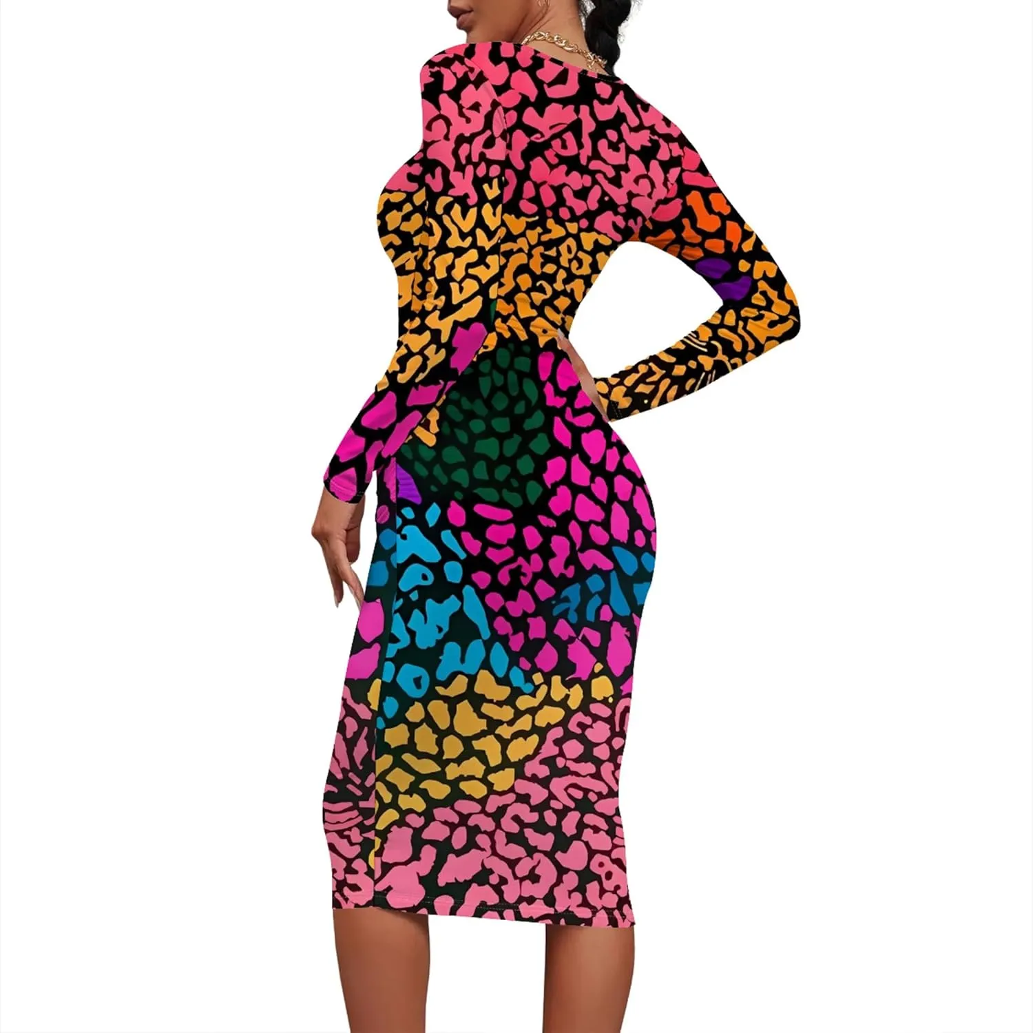 Plus Size Fall Midi Bodycon Dress for Curvy Women Round Neck Long Sleeve Knee Length Casual Dress Party Club Work Dress