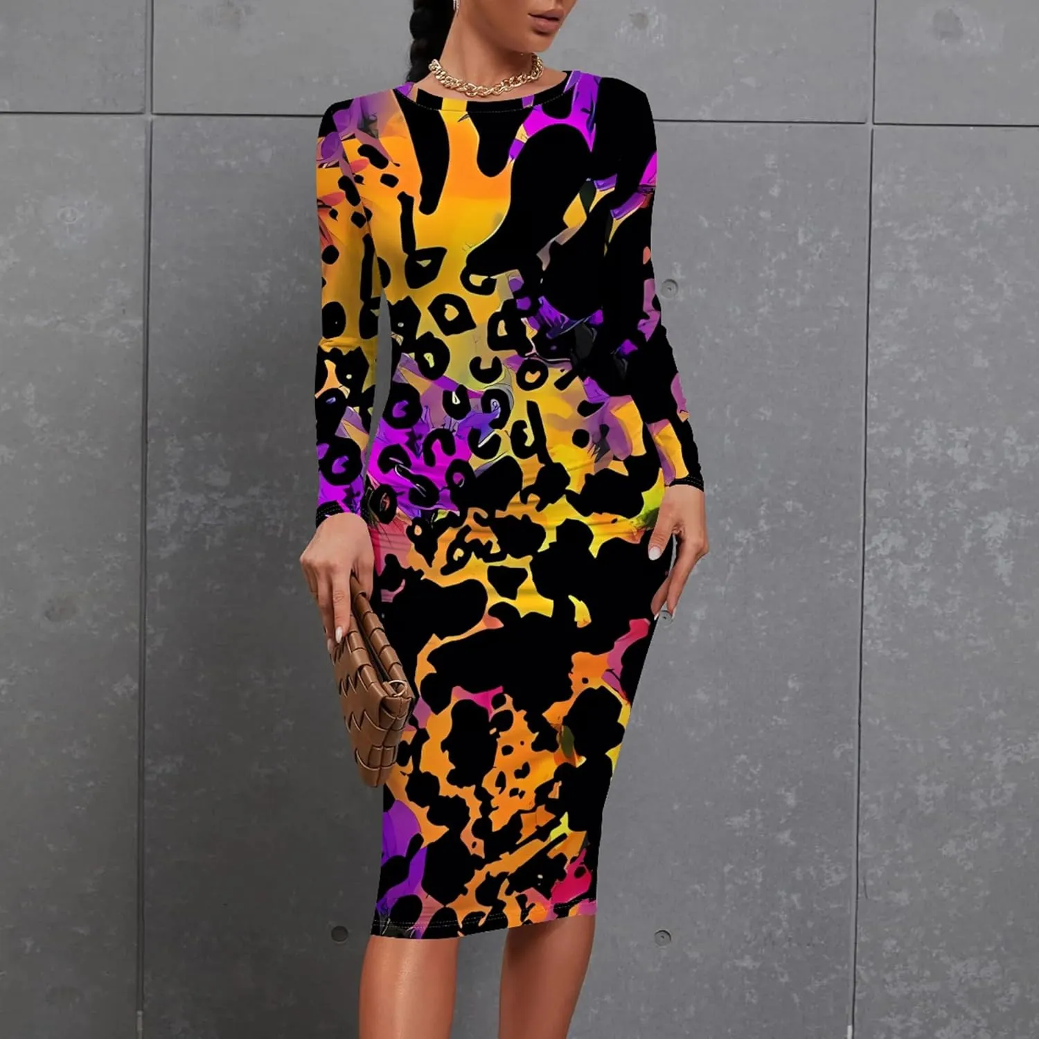 Plus Size Fall Midi Bodycon Dress for Curvy Women Round Neck Long Sleeve Knee Length Casual Dress Party Club Work Dress