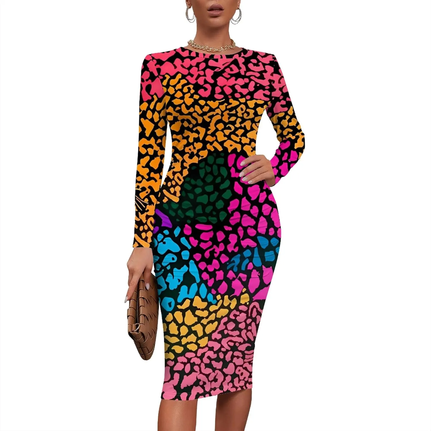 Plus Size Fall Midi Bodycon Dress for Curvy Women Round Neck Long Sleeve Knee Length Casual Dress Party Club Work Dress