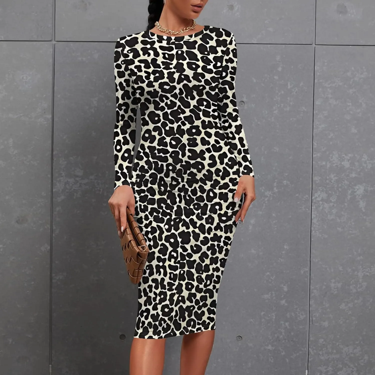 Plus Size Fall Midi Bodycon Dress for Curvy Women Round Neck Long Sleeve Knee Length Casual Dress Party Club Work Dress
