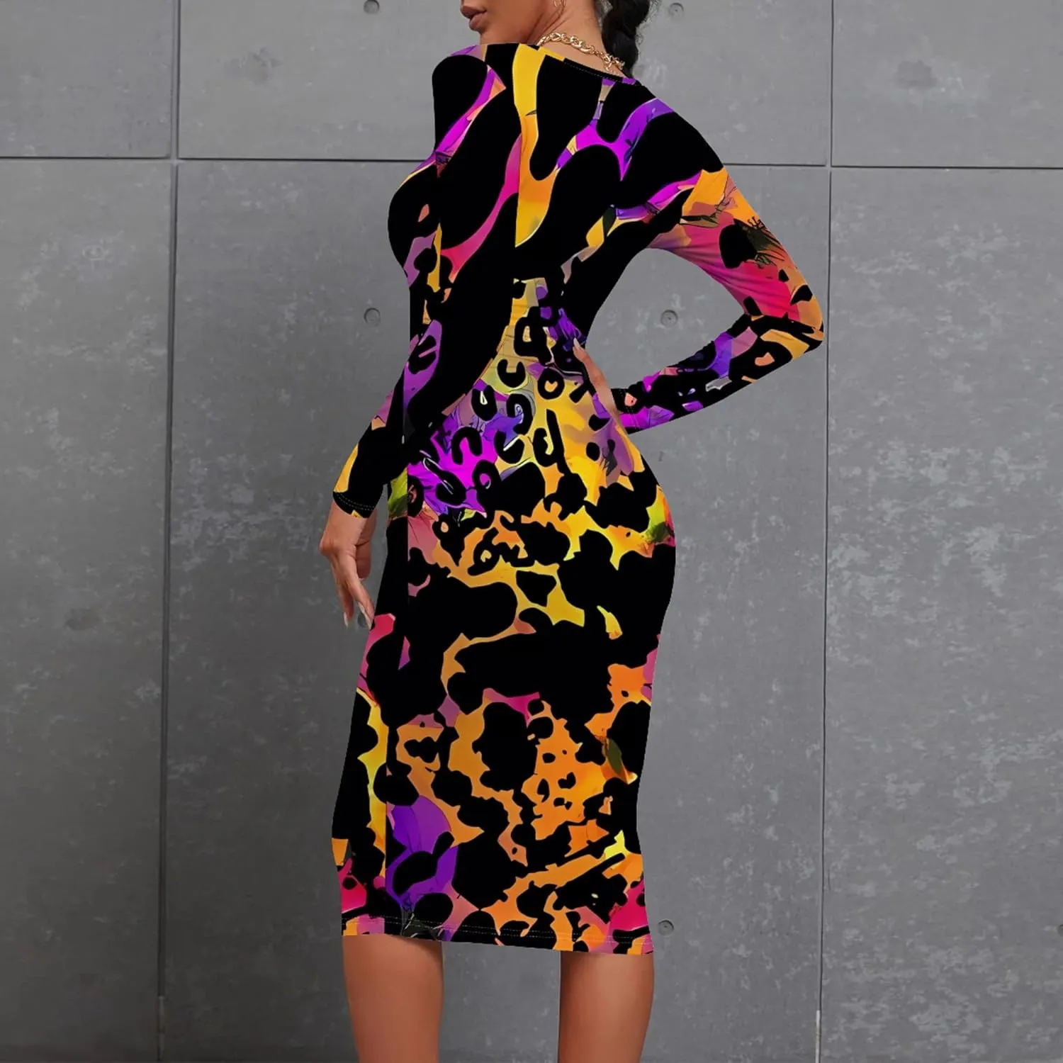 Plus Size Fall Midi Bodycon Dress for Curvy Women Round Neck Long Sleeve Knee Length Casual Dress Party Club Work Dress