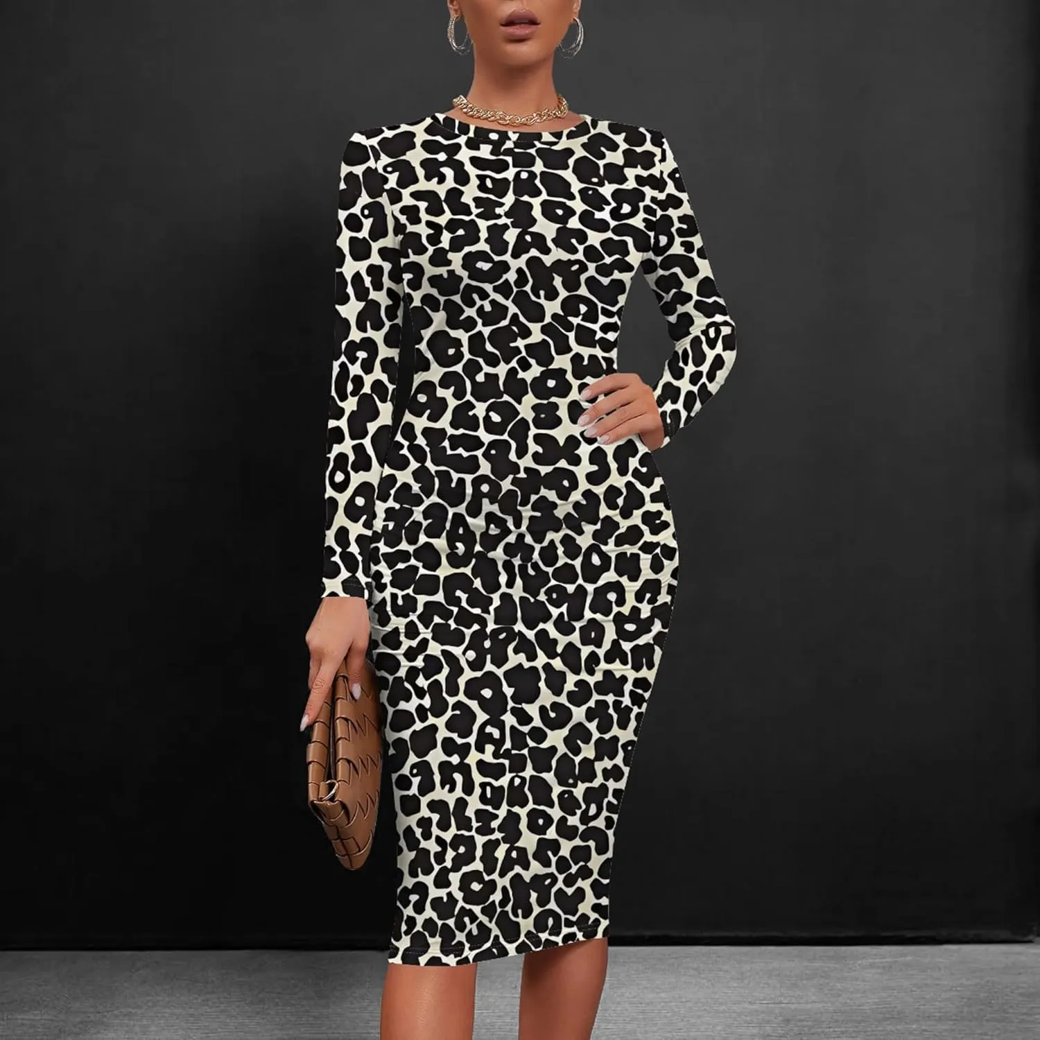 Plus Size Fall Midi Bodycon Dress for Curvy Women Round Neck Long Sleeve Knee Length Casual Dress Party Club Work Dress