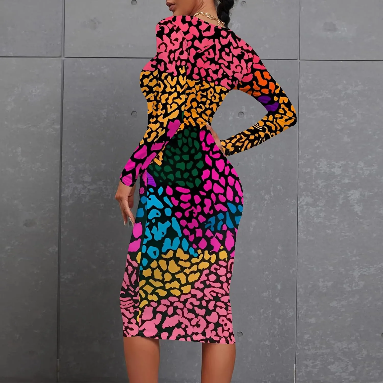 Plus Size Fall Midi Bodycon Dress for Curvy Women Round Neck Long Sleeve Knee Length Casual Dress Party Club Work Dress