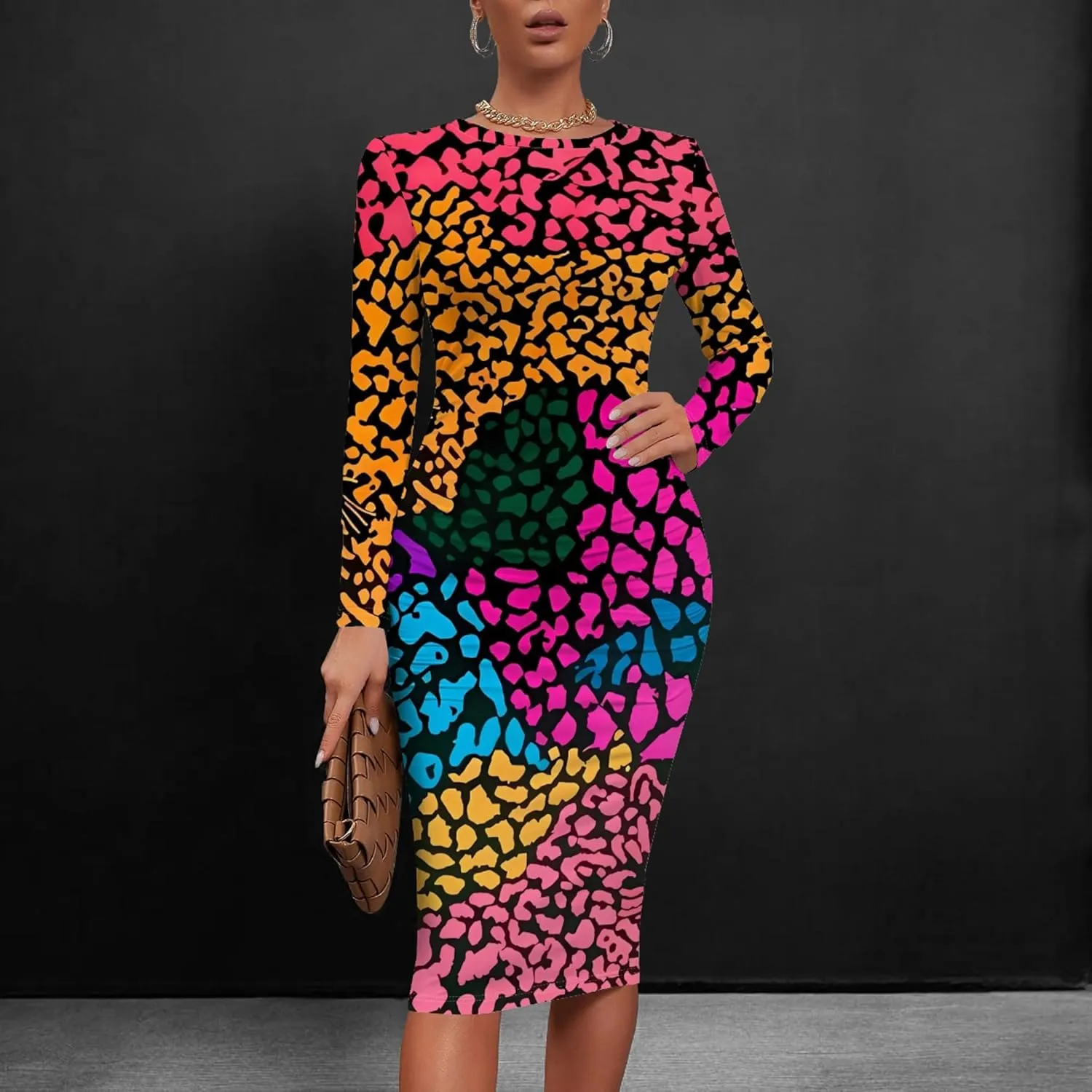 Plus Size Fall Midi Bodycon Dress for Curvy Women Round Neck Long Sleeve Knee Length Casual Dress Party Club Work Dress
