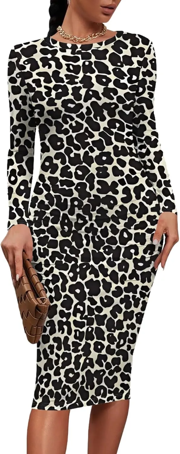 Plus Size Fall Midi Bodycon Dress for Curvy Women Round Neck Long Sleeve Knee Length Casual Dress Party Club Work Dress