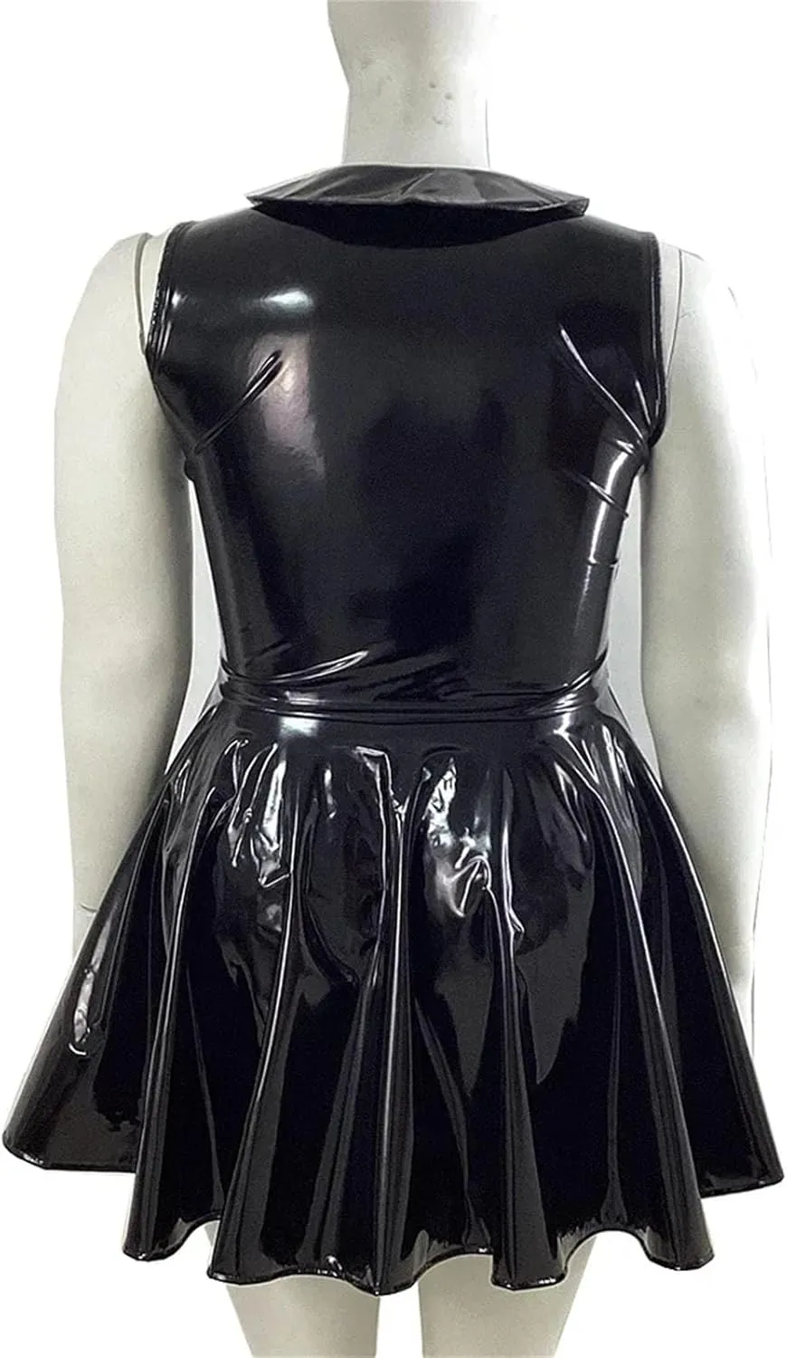 Plus Size Women Peter Pan Collar Mini Dress High Waist Pleated PVC Leather Party Dress