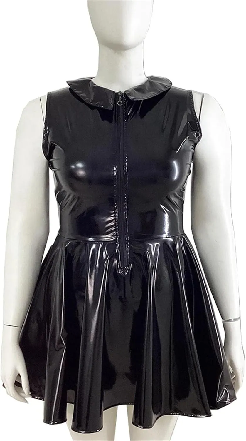 Plus Size Women Peter Pan Collar Mini Dress High Waist Pleated PVC Leather Party Dress