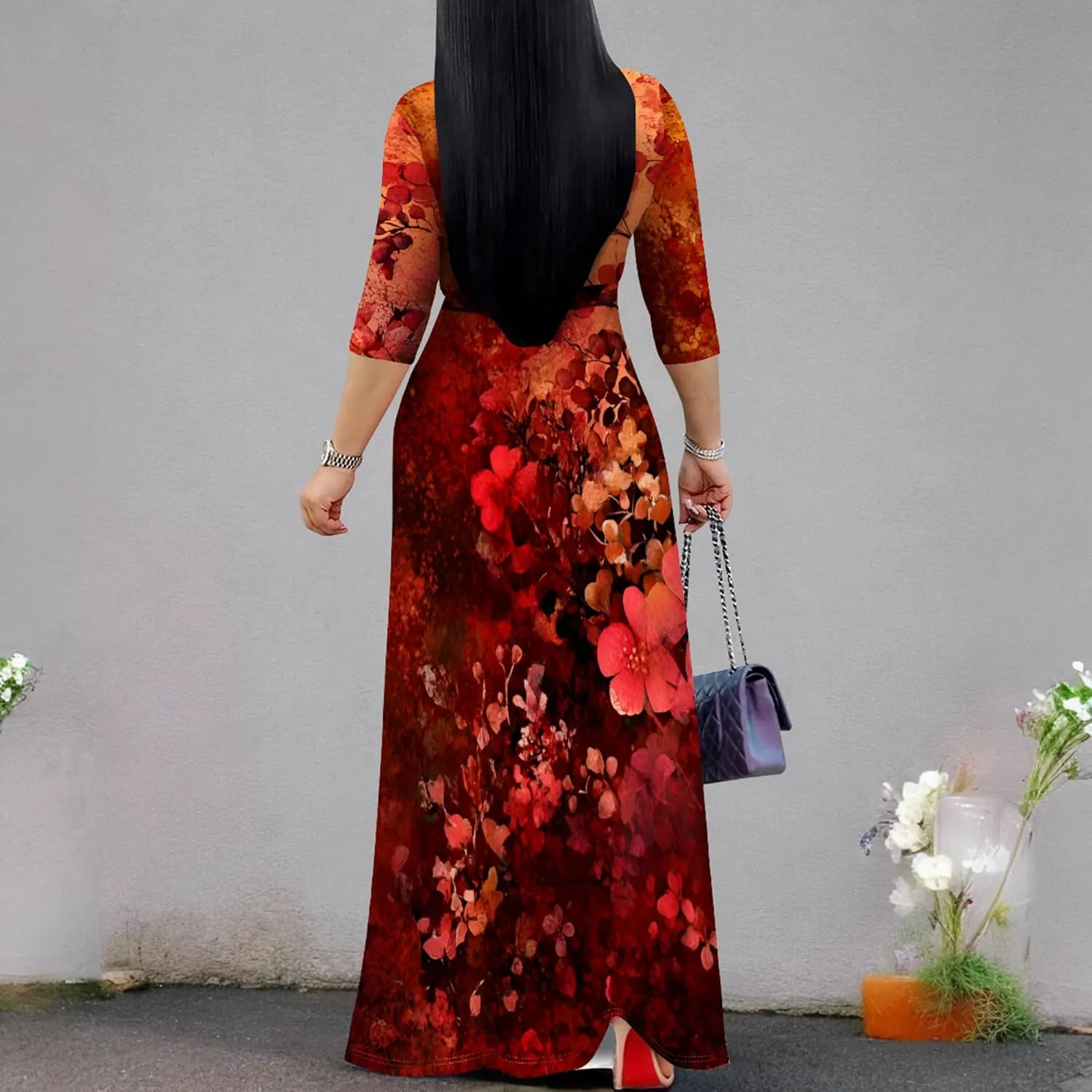 Plus Size Women's Maxi Dress Ethnic Print Long Dress Fashion Sexy Deep V Neck 3/4 Sleeves Autumn Dress with Belt