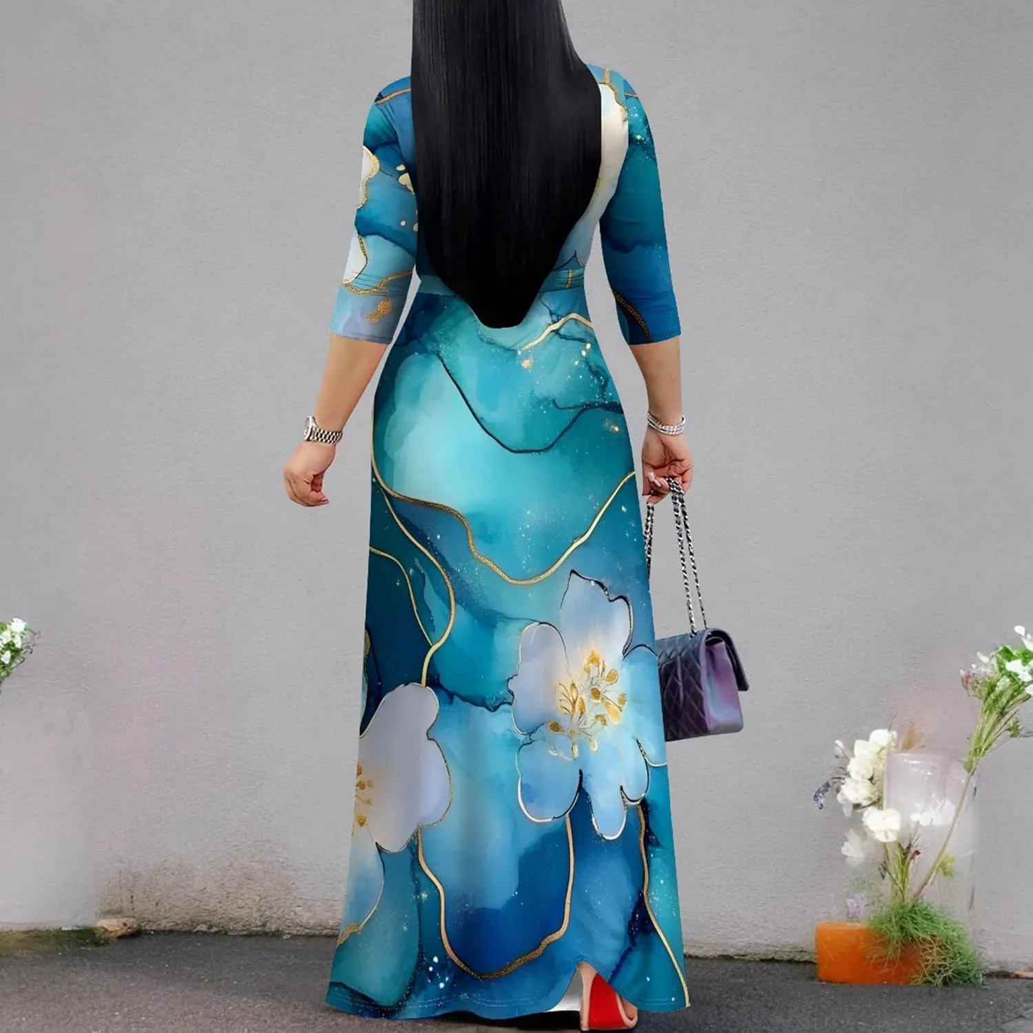 Plus Size Women's Maxi Dress Ethnic Print Long Dress Fashion Sexy Deep V Neck 3/4 Sleeves Autumn Dress with Belt
