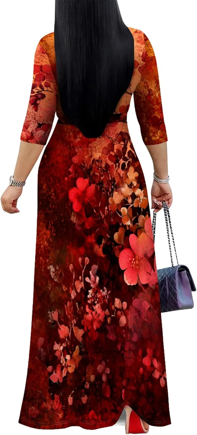 Plus Size Women's Maxi Dress Ethnic Print Long Dress Fashion Sexy Deep V Neck 3/4 Sleeves Autumn Dress with Belt