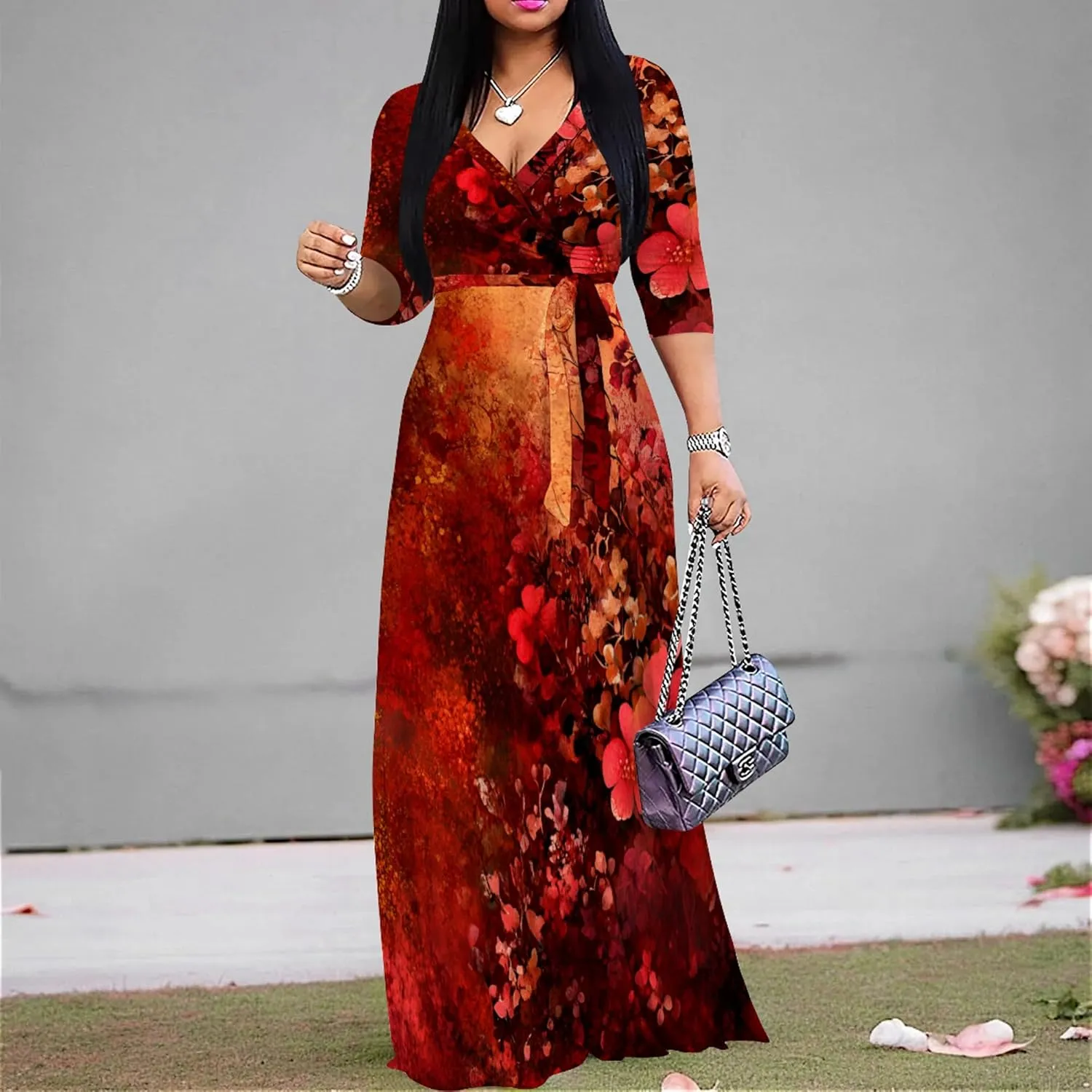 Plus Size Women's Maxi Dress Ethnic Print Long Dress Fashion Sexy Deep V Neck 3/4 Sleeves Autumn Dress with Belt