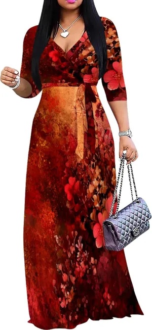 Plus Size Women's Maxi Dress Ethnic Print Long Dress Fashion Sexy Deep V Neck 3/4 Sleeves Autumn Dress with Belt