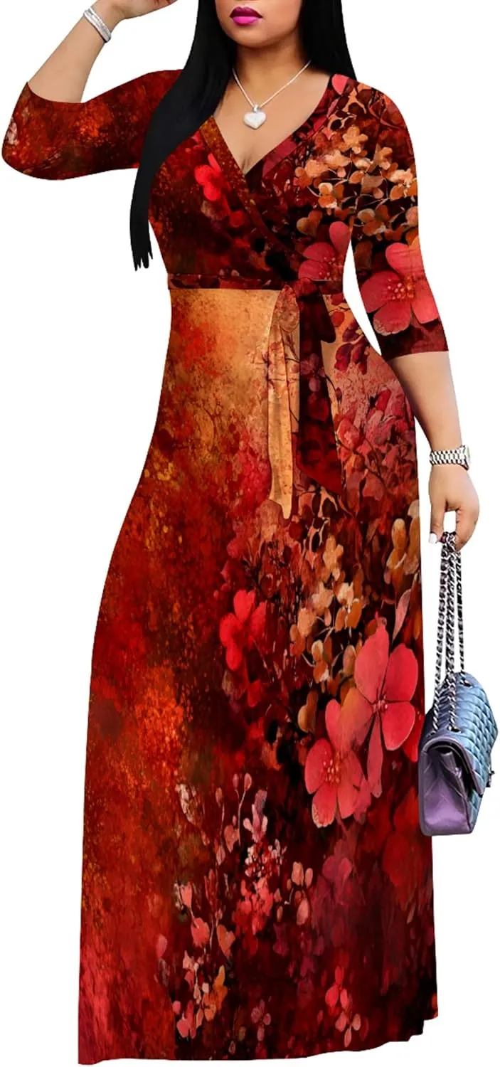 Plus Size Women's Maxi Dress Ethnic Print Long Dress Fashion Sexy Deep V Neck 3/4 Sleeves Autumn Dress with Belt